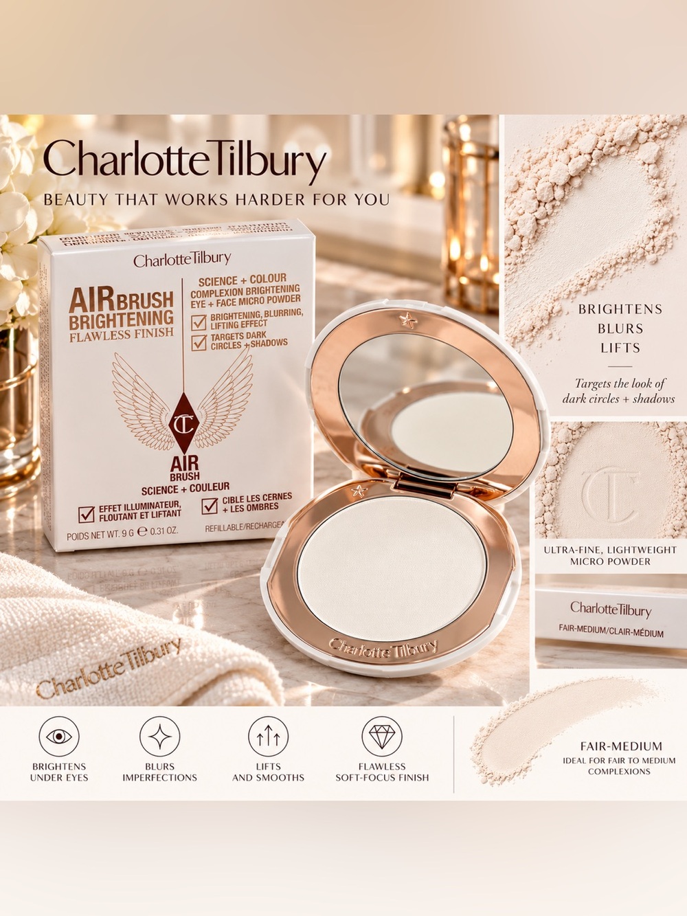Charlotte Tilbury Airbrush Brightening Flawless finish Powder- Fair/ Medium
